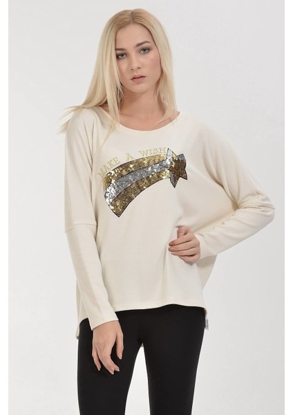 Pul Işlemeli Uzun Kol T-Shirt - Krem Melange Krem Melange - M