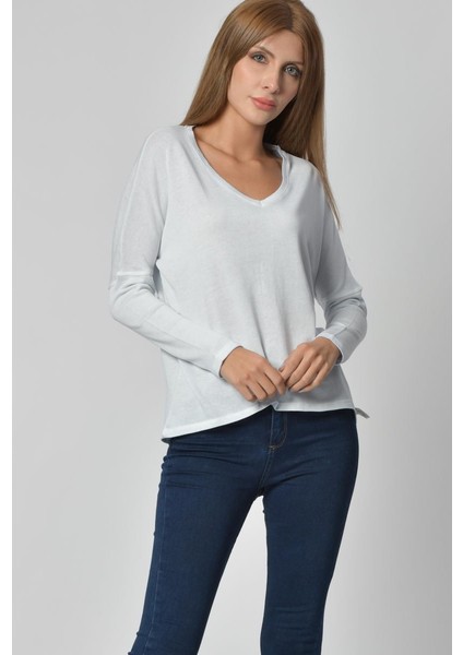 V Yaka Uzun Kol Tişört - Buz Mavisi Buz Mavisi - M