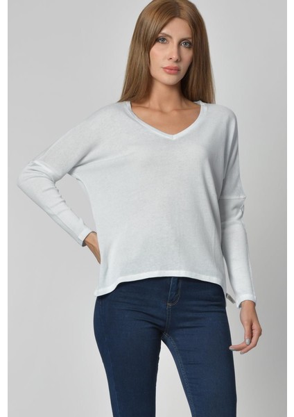 V Yaka Uzun Kol Tişört - Buz Mavisi Buz Mavisi - M fiyatları