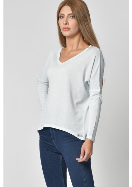 V Yaka Uzun Kol Tişört - Buz Mavisi Buz Mavisi - M modelleri