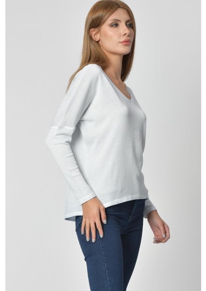 V Yaka Uzun Kol Tişört - Buz Mavisi Buz Mavisi - M fırsatları