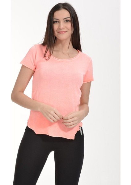 Yağlı Yıkama Kısa Kol Tişört - Pembe Pembe - L