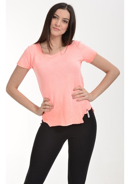 Yağlı Yıkama Kısa Kol Tişört - Pembe Pembe - L modelleri
