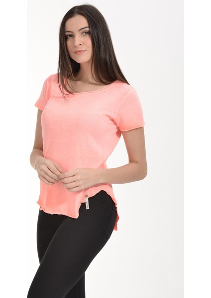Yağlı Yıkama Kısa Kol Tişört - Pembe Pembe - L indirimleri