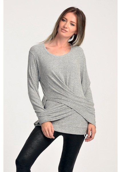 Özel Çift Kat Çapraz Kesim Uzun Kol T-Shirt Gri Melanj - Xs