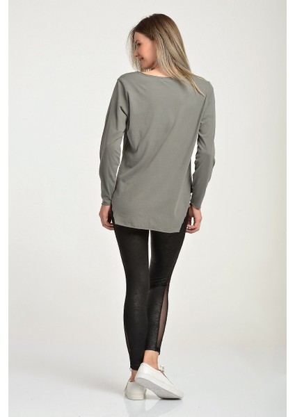 V Yaka Uzun Kol T-Shirt Gri - S