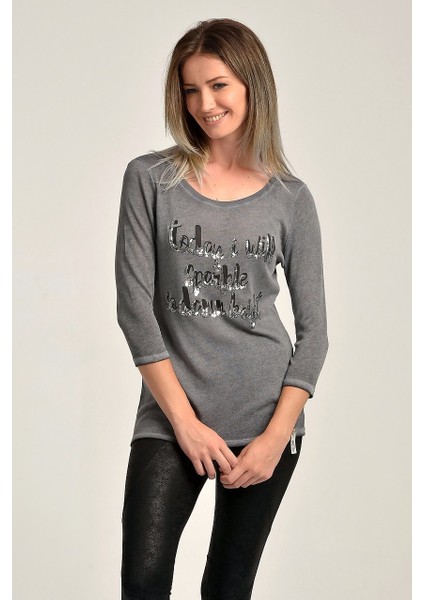 Baskılı ve Pul Nakışlı Uzun Kol T-Shirt Gri - M