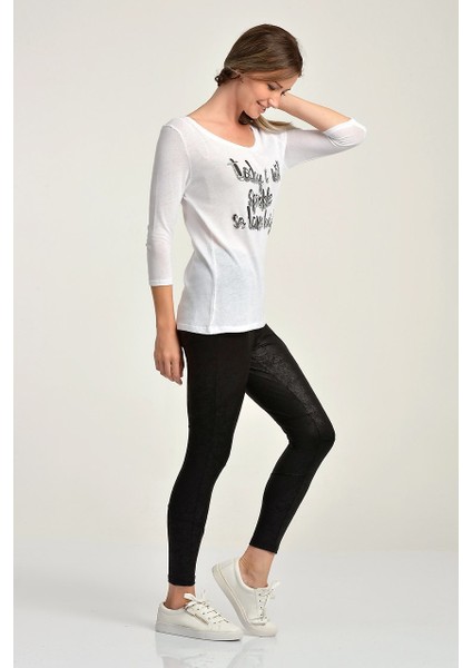 Baskılı ve Pul Nakışlı Uzun Kol T-Shirt Beyaz - L