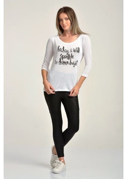 Baskılı ve Pul Nakışlı Uzun Kol T-Shirt Beyaz - M fiyatları