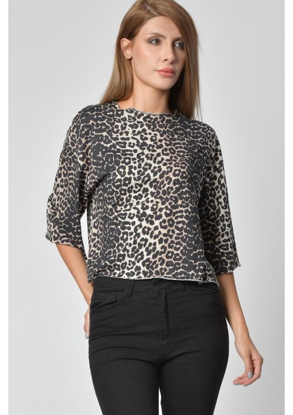 Leopar Desen Tişört - Vizon Vizon - Xs