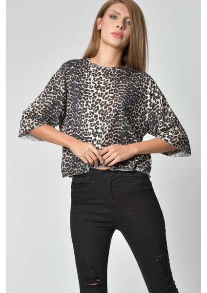 Leopar Desen Tişört - Vizon Vizon - Xs