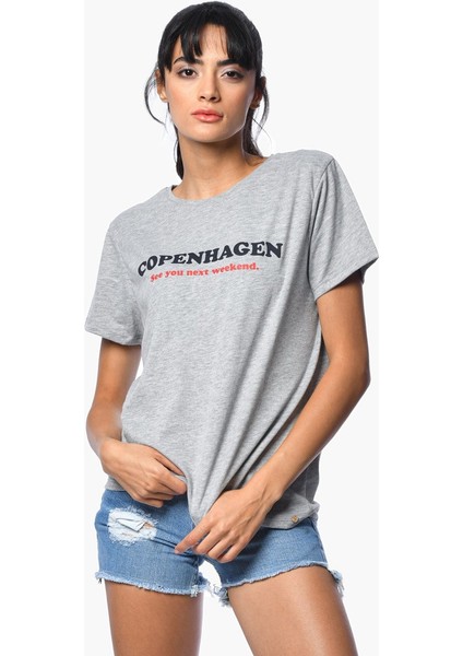 Baskılı Kısa Kollu T-Shirt - Grimelanj Gri Melanj - S