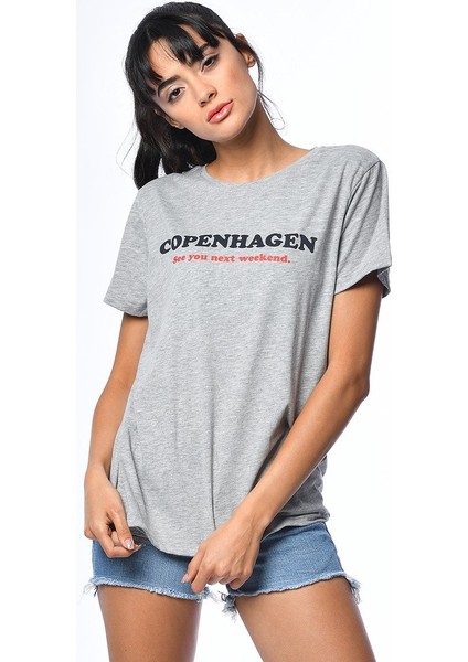 Baskılı Kısa Kollu T-Shirt - Grimelanj Gri Melanj - S fırsatları
