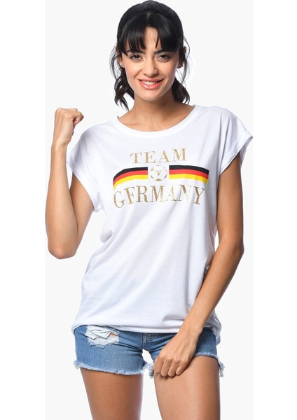 Alman Bayrağı Baskılı Kısa Kollu T-Shirt - Beyaz Beyaz - M