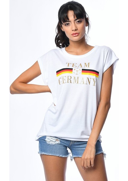 Alman Bayrağı Baskılı Kısa Kollu T-Shirt - Beyaz Beyaz - M