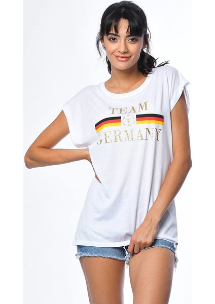 Alman Bayrağı Baskılı Kısa Kollu T-Shirt - Beyaz Beyaz - M
