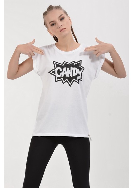 Taşlı Candy Baskılı Kısa Kol T-Shirt - Beyaz Beyaz - Xs