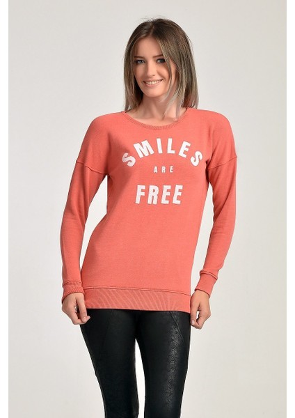 Cotton Candy Smiles Are Free Baskılı Sweat Mercan - Xs