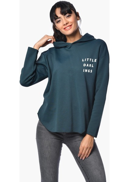 Kabşonlu Baskılı Sweatshirt - Yeşil Yeşil - Xs