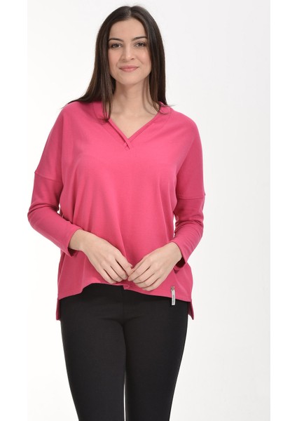 Yaka Detaylı Geniş Kesim Sweatshirt - Fuşya Fuşya - Xs