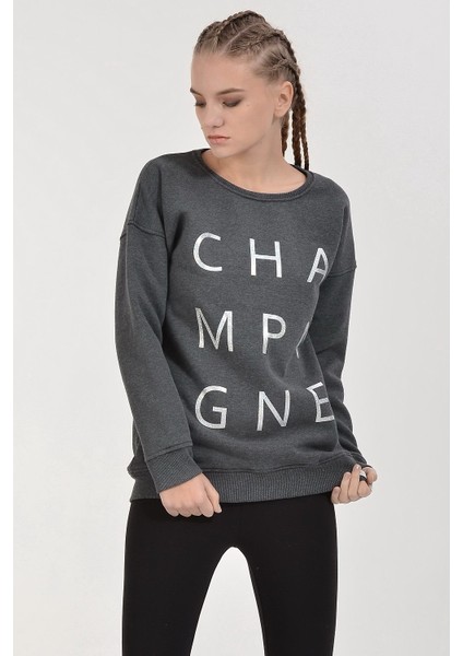 Cotton Candy Champagne Gümüş Baskılı Sweatshirt - Antrasit Antrasit - L