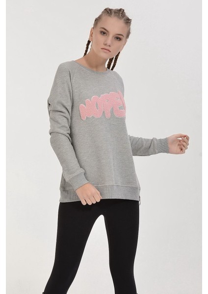 Cotton Candy Nope Kabartmalı Sweatshirt - Gri Melanj Gri Melanj - L