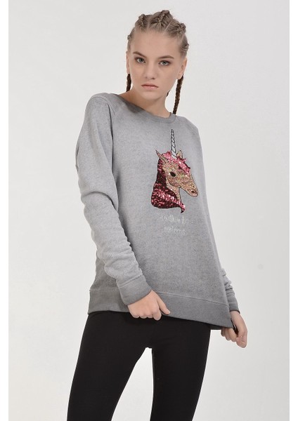 Cotton Candy Unicorn Pul Işlemeli Sweatshirt - Füme Füme - Xs