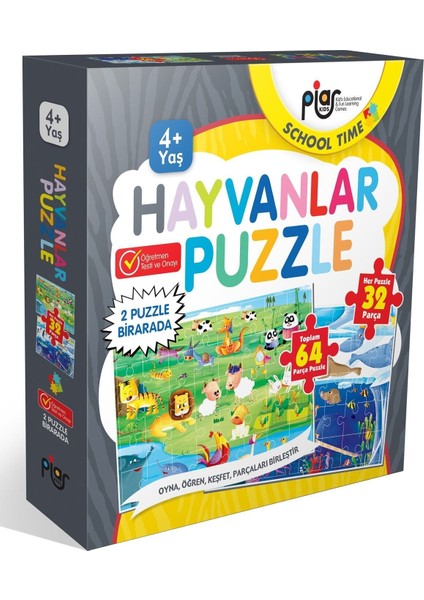 / Hayvanlar Puzzle / 64 Parça Puzzle / 2 Puzzle Bir Arada / 4+ Yaş