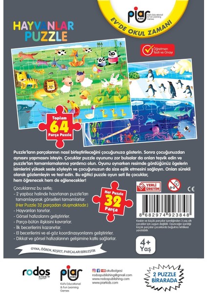 / Hayvanlar Puzzle / 64 Parça Puzzle / 2 Puzzle Bir Arada / 4+ Yaş