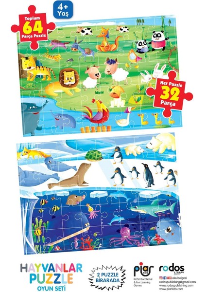 / Hayvanlar Puzzle / 64 Parça Puzzle / 2 Puzzle Bir Arada / 4+ Yaş
