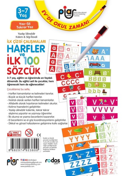 / Harfler ve İlk 100 Sözcük / İlk Çizgi Çalışmaları / Yaz-Sil-Tekrar Yaz / 3-7 Yaş fiyatları
