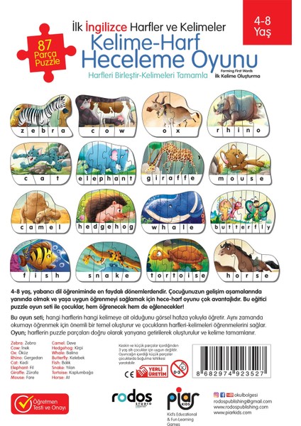 / İlk İngilizce Harfler ve Kelimeler / Kelime-Harf Heceleme-Puzzle Oyunu / Kelime Oluşturma /4-8 Yaş fiyatları