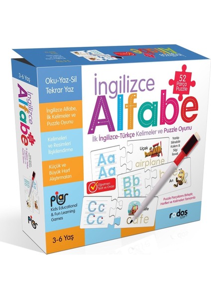 / İngilizce Alfabe / İlk İngilizce-Türkçe Kelimeler ve Puzzle Oyunu / 52 Parça Puzzle / 3-6 Yaş