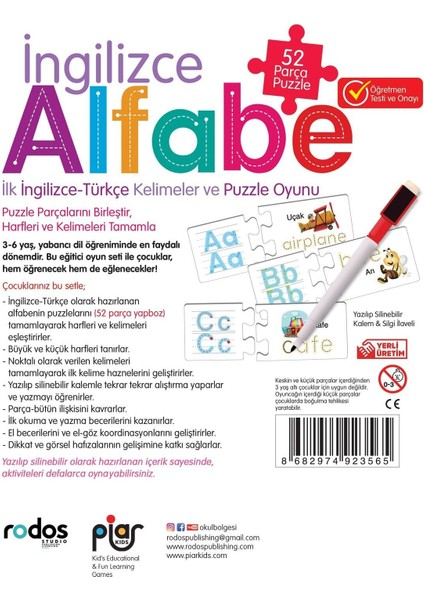 / İngilizce Alfabe / İlk İngilizce-Türkçe Kelimeler ve Puzzle Oyunu / 52 Parça Puzzle / 3-6 Yaş