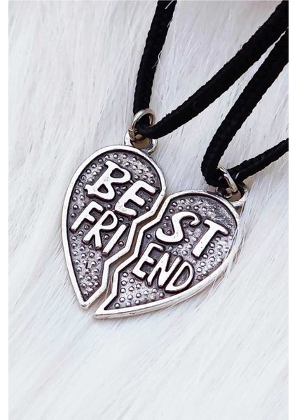 Gri Kalp Best Friends Ikili Deri İpli Metal Kolye