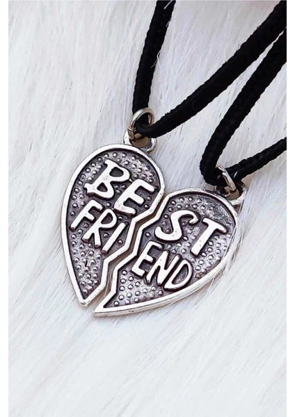 Alp Collection Gri Kalp Best Friends Ikili Deri İpli Metal Kolye