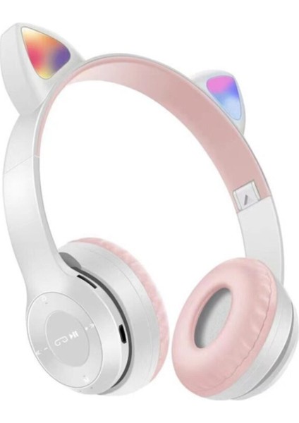 P47m Kedili Katlanabilir Kulak Üstü Kablosuz Bluetooth 5.0 Kulaklık Ledli Kız Kadın Beyaz