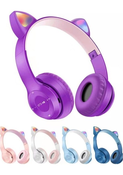 P47m Kedili Katlanabilir Kulak Üstü Kablosuz Bluetooth 5.0 Kulaklık Ledli Genç Kız Kadın Mor