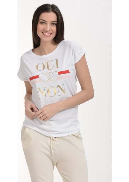 Oui-Non Baskılı Kısa Kol Tişört - Beyaz Beyaz - L modelleri