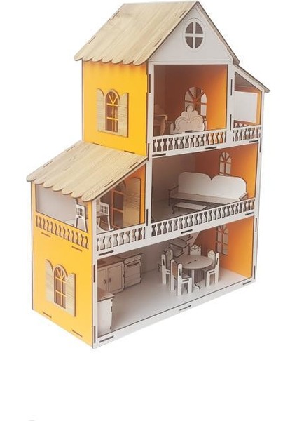 Woodylife LED Işık Turuncu Ev Çocuk Evcilik Oyuncak Montessori Barbi Ev 80CM modelleri
