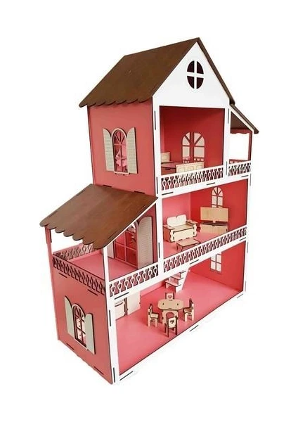 Woody Life Woodylife LED Işık Pembe Ev Çocuk Evcilik Oyuncak Montessori Barbi Evi 80CM