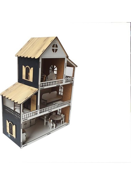 Woodylife LED Işıklı Siyah Ev Çocuk Evcilik Oyuncak Montessori Barbi Ev