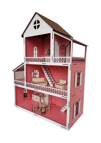 Woody Life Woodylife LED Işık Pembe Ev Çocuk Evcilik Oyuncak Montessori Barbi Evi 80CM