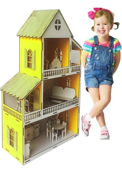 Woodylife Sarı Ev Çocuk Evcilik Oyuncak Montessori Barbi Ev 80CM