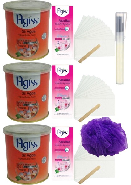 Agiss Natürel Konserve Sir Ağda Seti 240ML 3lü + Bez + Lif + Kalempar/ Ağda Seti 8 Parça
