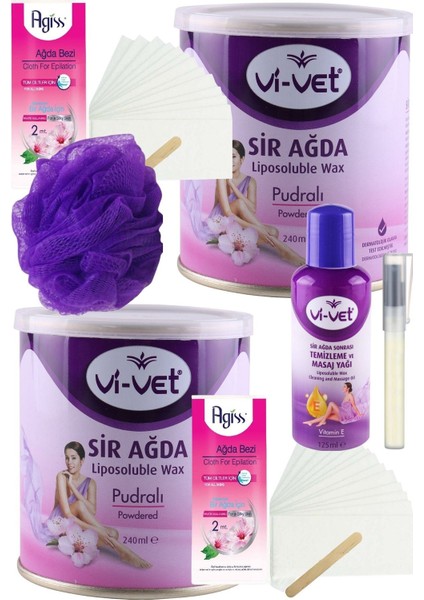 Vivet Pudralı Konserve Sir Ağda Seti 240ML 2li + Yağ + Bez + Lif + Kalempar/ Ağda Seti 7 Parça