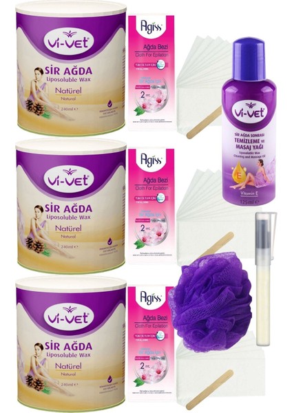 Vivet Natürel Konserve Sir Ağda Seti 240ML 3lü + Yağ + Bez + Lif + Kalempar/ Ağda Seti 9 Parça