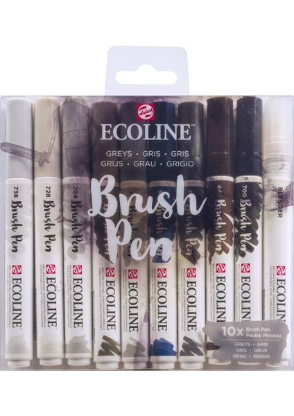 Ecoline Brush Pen Fırça Uçlu Kalem Seti 10 Renk Grey Colors