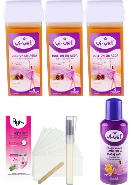 Vivet Natural Kartuş Roll On Sir Ağda 100 ml x 3'LÜ + YAĞ + Bez + Kalempar