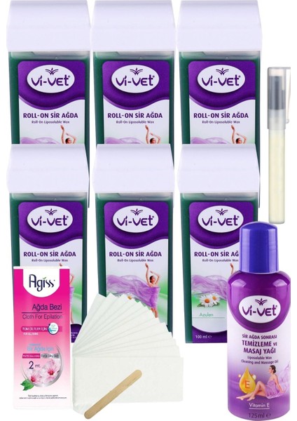 Vivet Azulen Kartuş Roll On Sir Ağda 100 ml x 6'lı + YAĞ + Bez + Kalempar